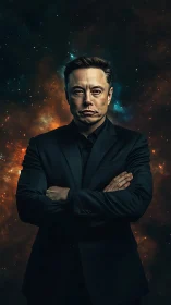 Hyper-detailed digital portrait of suited man against nebula field