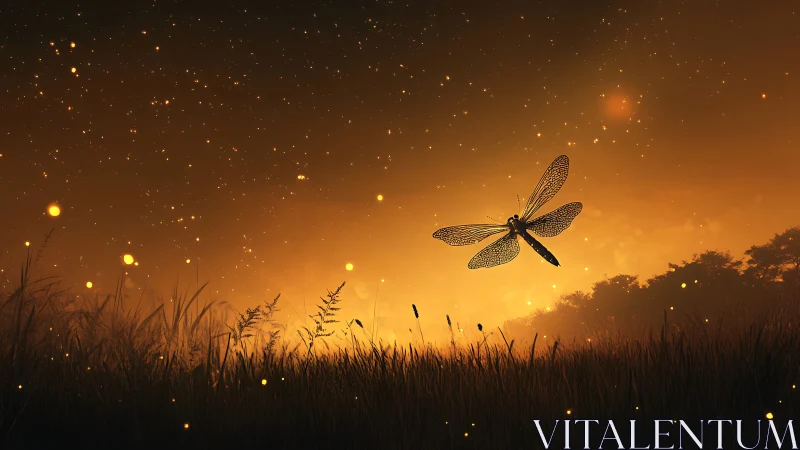 Firefly-lit meadow welcomes a dragonfly into twilight magic