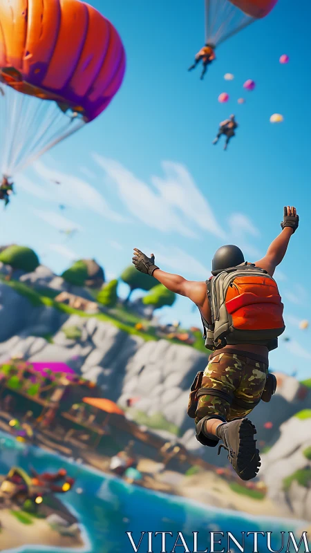 Dynamic 3D battle royale sky-drop with coastal terrain framing.