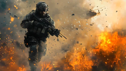 Tactical operator advancing through fireball detonation field