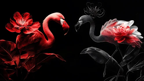 Flamingos with Flowers Against Black Background.