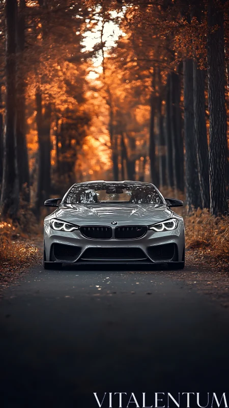 Silver sports coupe cuts through moody autumn forest road.