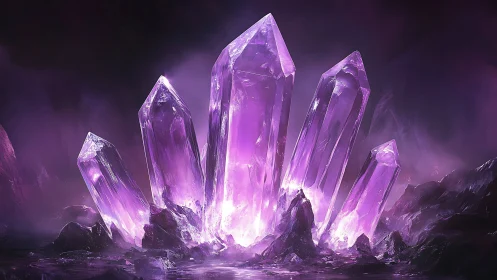 Luminous violet crystal cluster emits internal subsurface glow gradients