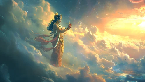 Celestial musician adrift in sunrise clouds of mythic gold.