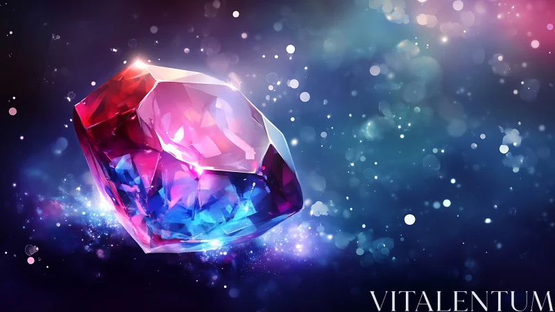 Multicolored faceted crystal floats in a glowing space field