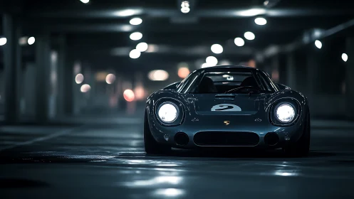 Vintage race car sits in dim underground parking garage