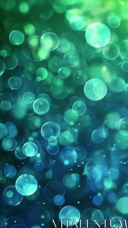 Digital bokeh spheres on teal blue abstract gradient field.