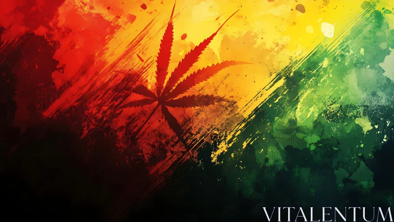 Cannabis leaf silhouette on bold red yellow green paint background.