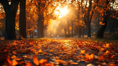 Sunlit autumn park path with glowing orange leaf carpet.