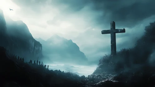 Coastal headland with large timber cross in sea mist.