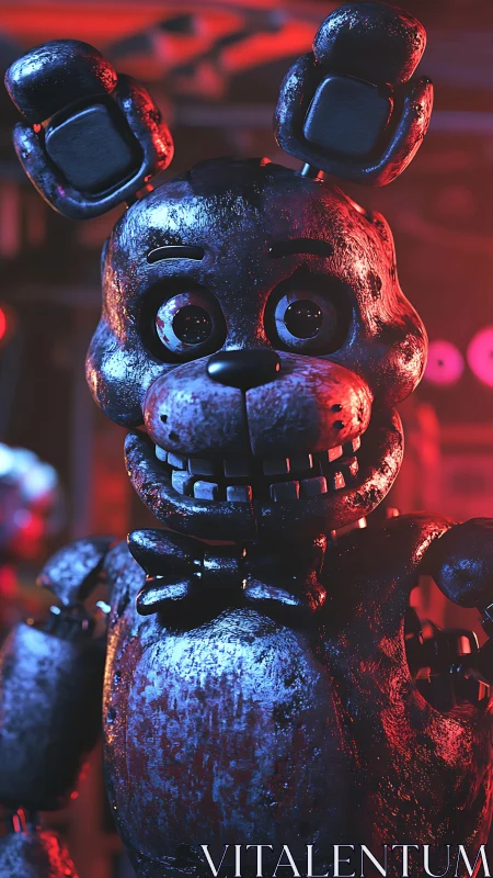 Rust-clad animatronic rabbit grins under neon horror glow.