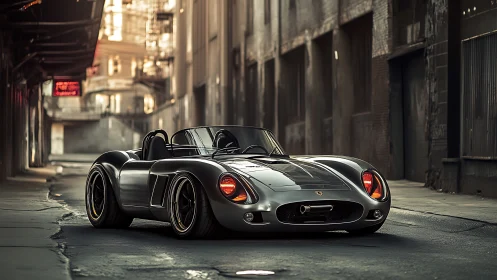 Sleek silver roadster waits in a moody industrial street