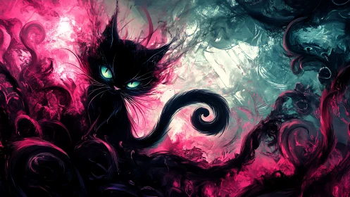 Ethereal Silhouette Cat with Luminescent Cyan Eyes Against Vibrant Magenta Fluid Abstract Background