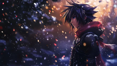 Solitary anime warrior walks through glowing winter storm.