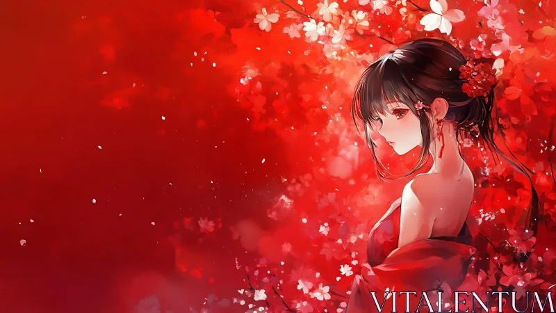 Crimson floral portrait of contemplative anime girl in profile.