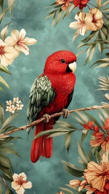 Scarlet parrot perches calmly amid lush tropical flowers