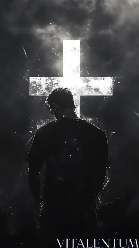 Silhouetted figure before glowing cross in stormy darkness.