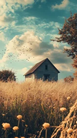 Isolated wooden house in tall dry field under cloudy sky.