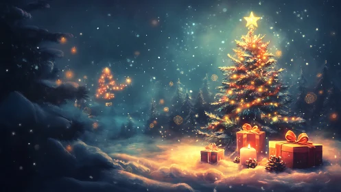 Starlit Christmas tree and glowing gifts in snowy forest night.