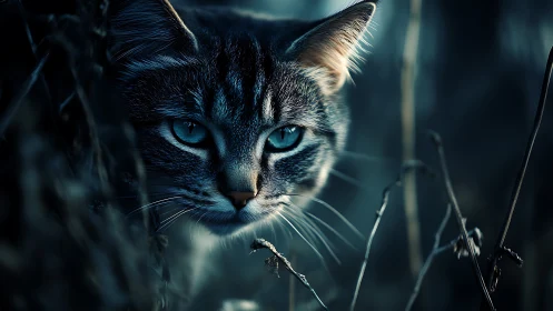 Intense Cat Portrait with Piercing Blue Eyes.