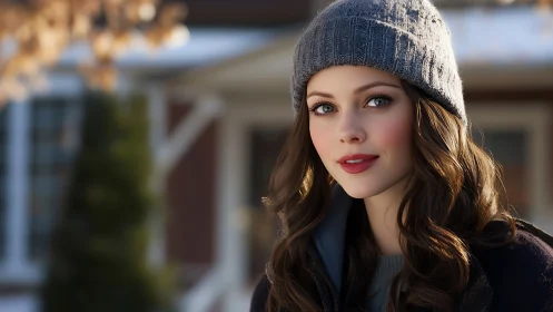 Winter portrait with soft bokeh and knitted gray beanie.