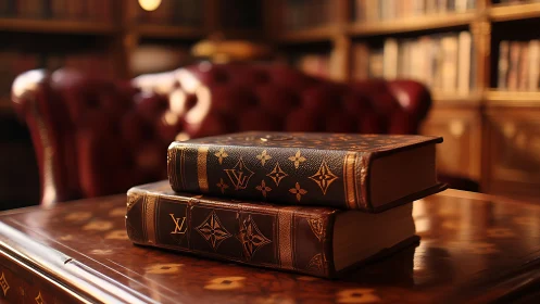 Leatherbound luxury books rest on polished library table