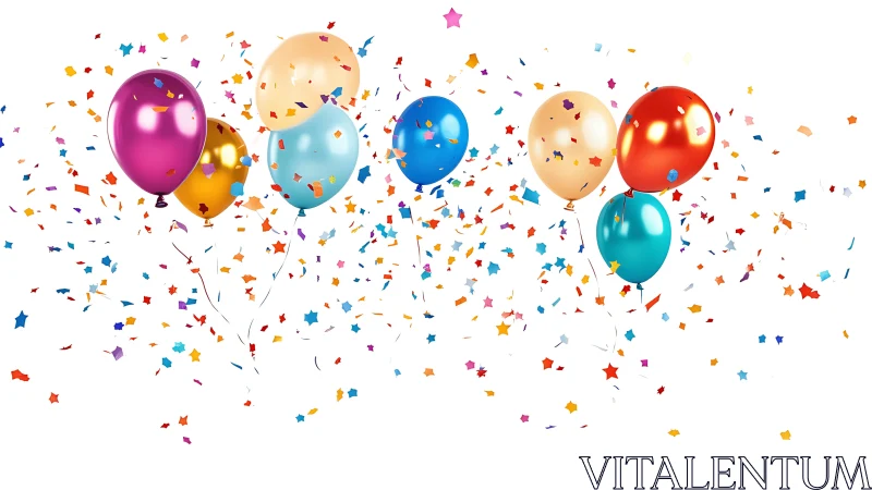 Chromatic Metallic Balloons with Confetti Cascade Against White Background