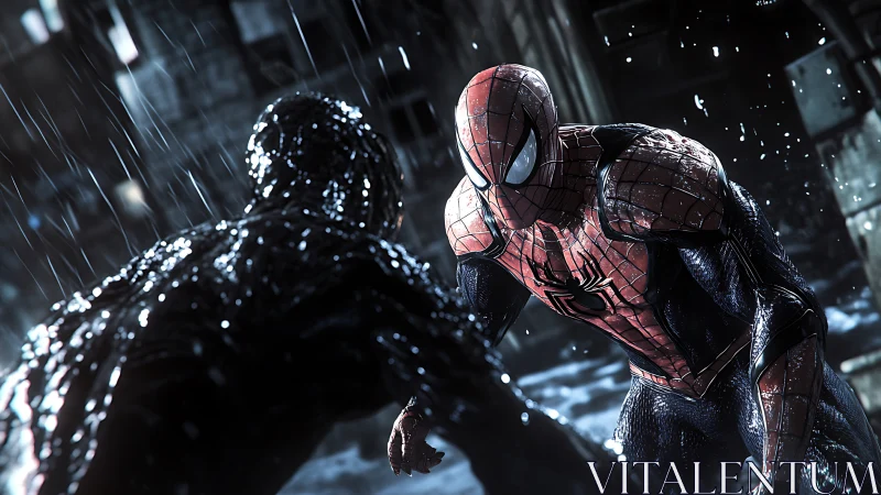 Spider-themed hero faces dark foe in detailed rainy duel.