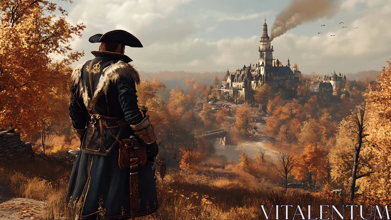 Autumn-clad adventurer surveying industrial castle skyline.