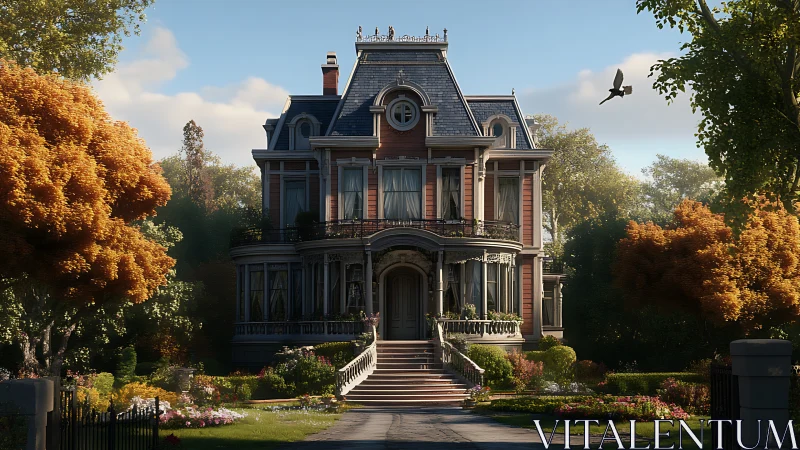 Victorian mansion facade amid autumn garden at sunrise.