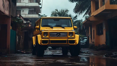 Sunlit yellow G-Wagon prowls through a rain-soaked alleyway