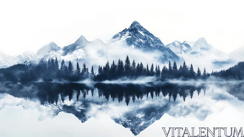 Symmetric alpine ridge with mirrored conifers in misted stillwater.