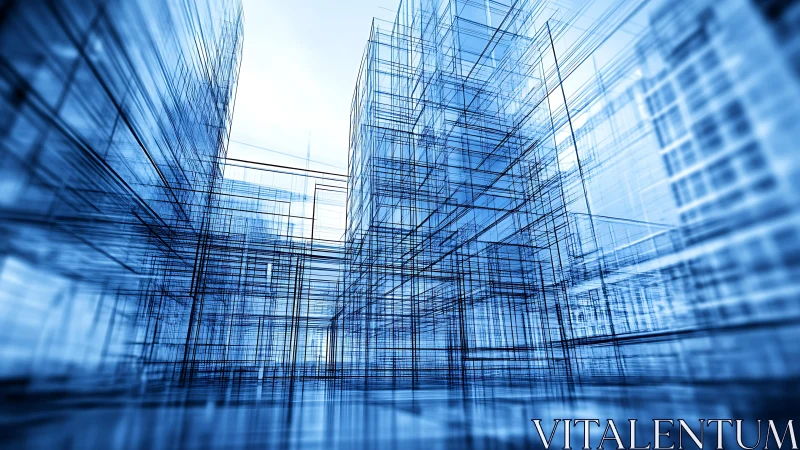 Abstract architectural wireframe structures in blue light.