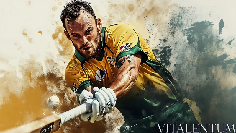 Cricket slugger exploding from splattered storm of color.