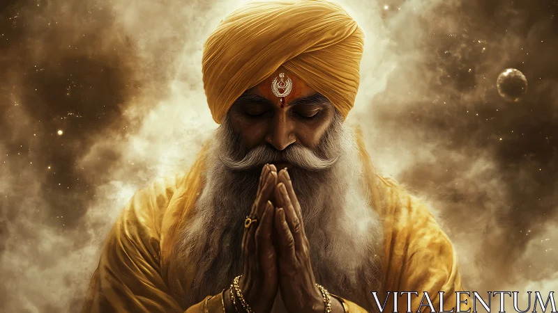 Mystic elder in golden turban meditating within cosmic nebula