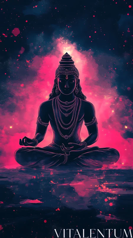 Cosmic meditating deity in neon magenta energy field.