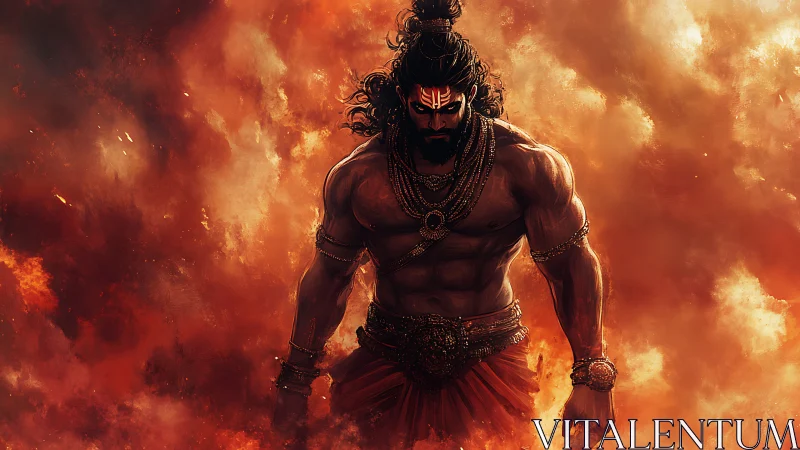 Mythic warrior strides through blazing inferno skyward