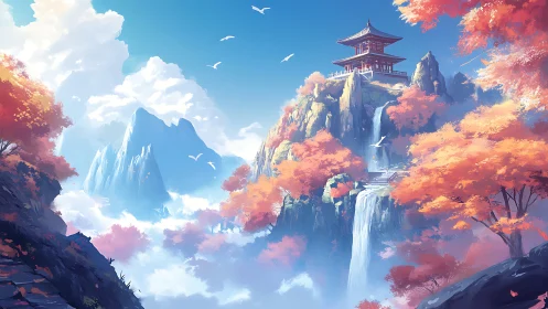 Elevated pagoda above misted waterfall in autumnal mountain range