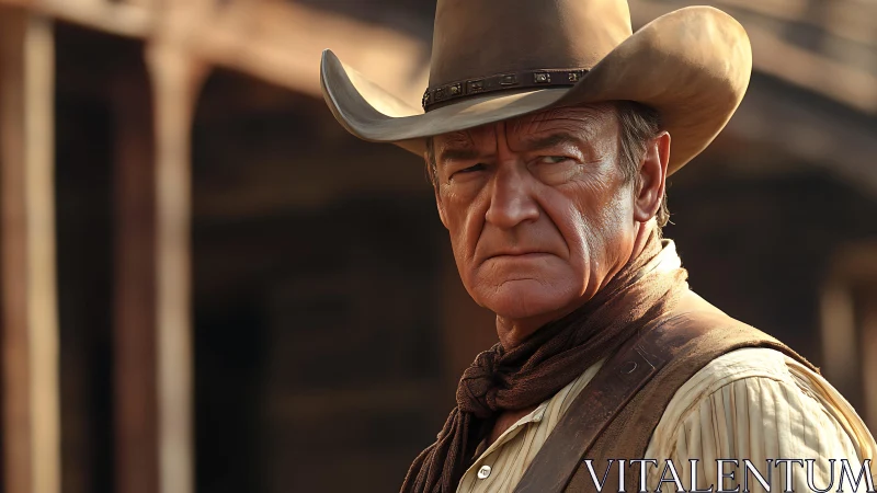 Older male cowboy portrait in sunlit Western streetscape.