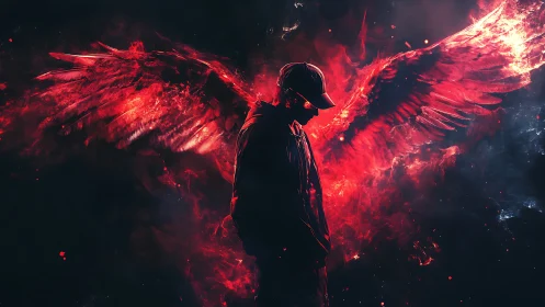 Ember-winged urban angel brooding in a storm of firelight.