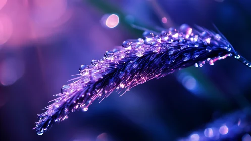 Macro dew-covered grass blade under neon purple-blue bokeh light