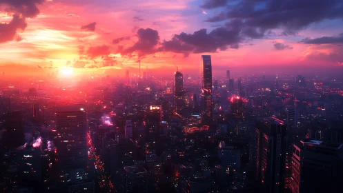 Neon-drenched future city skyline glows under a blazing sunset