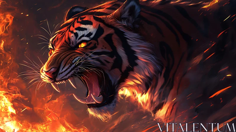 Digital rendering of roaring tiger head amid rising flames.