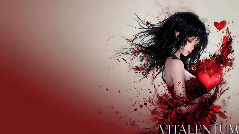 Digital figure with dispersing elements and heart motifs