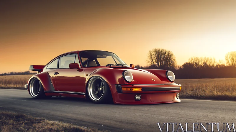 Widebody classic sports coupe at golden hour on rural road