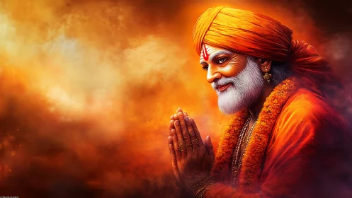 Elderly man in orange robe holds folded hands in profile