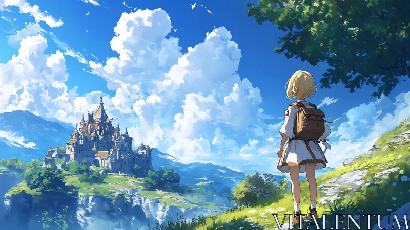 Child observer on hillside facing distant cliffside castle.