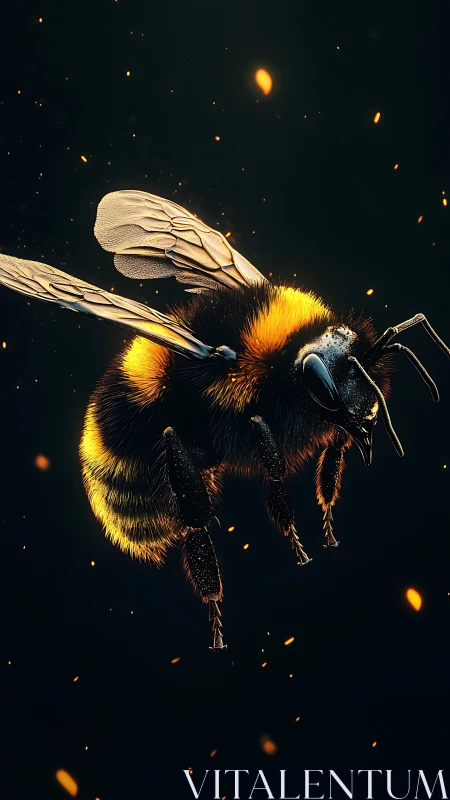 Glowing bumblebee in flight surrounded by golden sparks.
