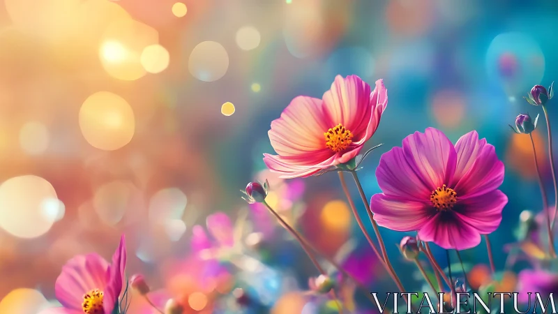 Cosmos Flowers in Golden Hour Bokeh. Soft focus pink petals against warm and cool gradient light
