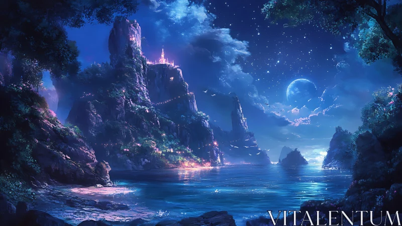 Nocturnal Mountain Fortress Above Luminescent Bay